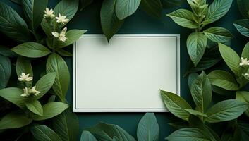 Creative layout made of green leaves and flowers. Flat lay, top view, copy space. AI Generated. photo