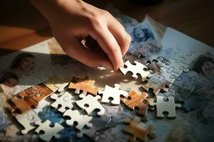 Close-up image of businesswoman hand connecting jigsaw puzzle pieces. AI Generated. photo