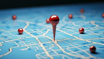 Map and red pins on it. Business and travel concept. AI Generated. photo