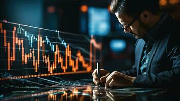 businessman working on tablet computer with stock market graph and candlestick chart. AI Generated. photo