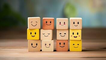 Smileys on wooden cubes. Emotion and emotion concept. AI Generated. photo