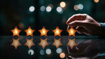 Customer reviews concept. Businessman hand touching five star rating on dark background. AI Generated. photo