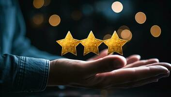 Customer review concept. Hand holding golden star rating on bokeh background. AI Generated. photo