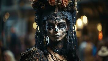 Beautiful woman with sugar skull makeup. Halloween concept. AI Generated. photo