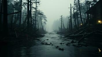 brumoso bosque con un río en el primer plano,. ai generado. foto