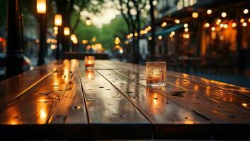 Glass of whiskey on a wooden table in the street at night. AI Generated. photo