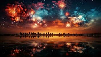 Colorful fireworks with reflection on water and cityscape at night. AI Generated. photo