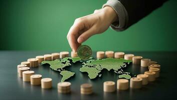 Hand putting coin in the world map, business and finance concept. AI Generated. photo