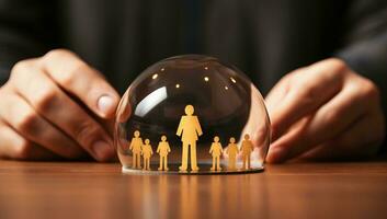 Insurance agent protecting family in crystal ball on table, closeup. AI Generated. photo