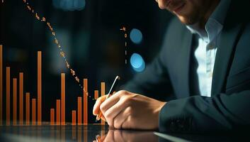 Close up of businessman working with documents at table in office. Financial graph concept. AI Generated. photo