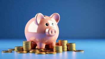 Piggy bank with coins on blue background. AI Generated. photo