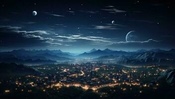 Night view of the city in the mountains. AI Generated. photo