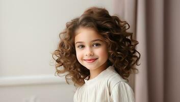 Beautiful little girl with curly hair indoors. AI Generated. photo