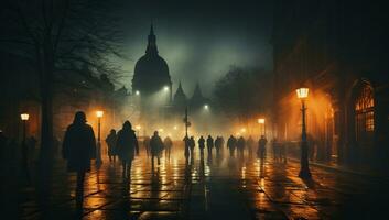 Silhouettes of people walking in a foggy street at night. AI Generated. photo