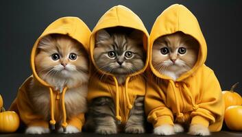 grupo de linda gatitos en amarillo impermeables Víspera de Todos los Santos concepto. ai generado. foto