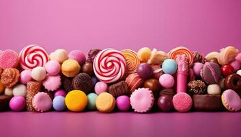 Variety of delicious candies on pink background. Top view. AI Generated. photo