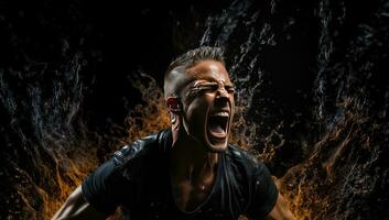 retrato de un joven hombre en un negro antecedentes con salpicaduras de agua. ai generado. foto