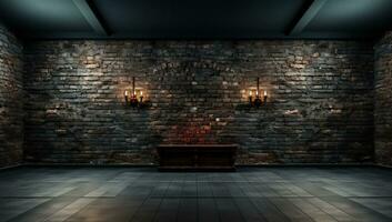empty room with brick wall and wooden bench. AI Generated. photo