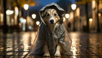 Corgi dog in a raincoat on the street at night. AI Generated. photo