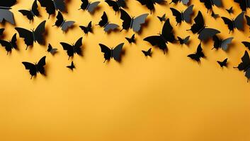 Black paper bats flying on orange background. Halloween concept. AI Generated. photo