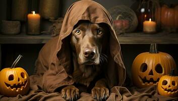 linda perro en cobija con Víspera de Todos los Santos calabazas en oscuro fondo, de cerca. ai generado. foto