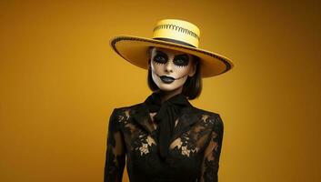 Beautiful woman in halloween makeup and hat over yellow background. AI Generated. photo