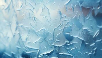 Frosty natural pattern on winter window. Abstract blue background. AI Generated. photo