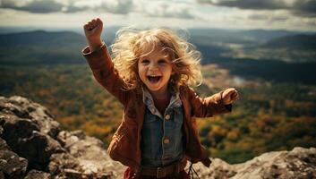 Happy child on the top of the mountain. Freedom and adventure concept. AI Generated. photo