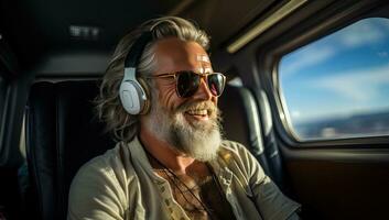 Senior man listening to music with headphones while driving in a car. AI Generated. photo