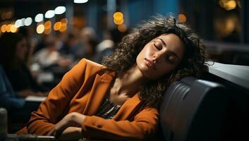 hermosa joven mujer con Rizado pelo dormido en un café a noche. ai generado. foto