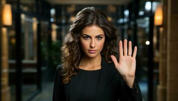 retrato de joven negocio mujer demostración detener gesto con su mano. ai generado. foto