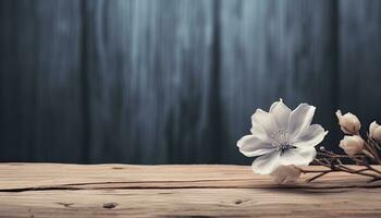 Wooden table with spring flowers on dark wooden background. Toned. AI Generated. photo
