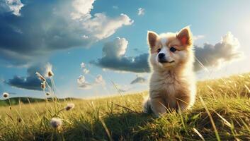 Pomeranian dog sitting on the grass in the meadow. AI Generated. photo