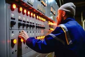 Engineer controls the control panel of a factory. Industrial background. AI Generated. photo