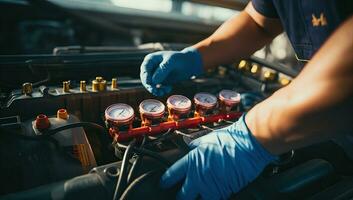 Auto mechanic checking oil level in car engine. Car service concept. AI Generated. photo