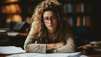 tired Beautiful young woman in glasses sitting at the table and working in the library. AI Generated. photo