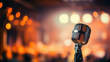 Vintage microphone on stage with blurred concert lights bokeh background. AI Generated. photo