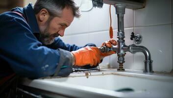 fontanero reparando un lavabo en un cocina. ai generado. foto