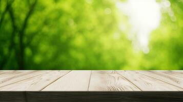 Wooden table top on blur green bokeh background. for display or montage your products. AI Generated. photo