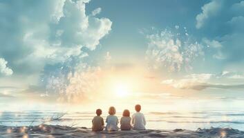 Family of four sitting on the beach and looking at the sunset. AI Generated. photo