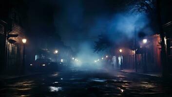 Mysterious night city street at night with fog, lights and cars. AI Generated. photo