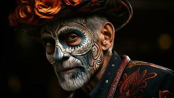 Close-up portrait of a man with sugar skull make-up. AI Generated. photo