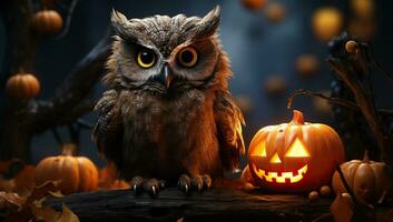 Halloween owl with pumpkins on dark background, halloween concept. AI Generated. photo