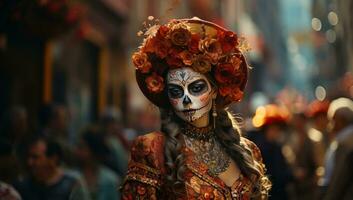 azúcar cráneo mujer en tradicional disfraz a el carnaval de día de el muerto. ai generado. foto