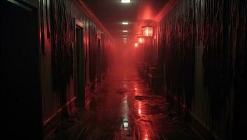 Dark corridor with red lights and fog. Horror Halloween concept. AI Generated. photo