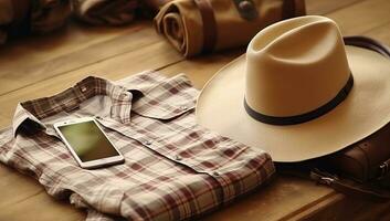 Set of clothes, hat and mobile phone on a wooden background. AI Generated. photo