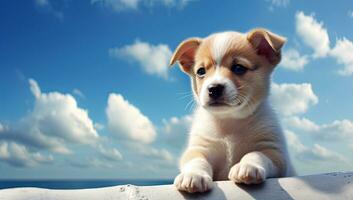 Cute puppy with blue sky and clouds on the background. AI Generated. photo