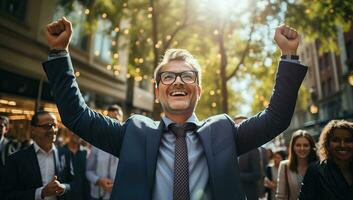 Cheerful businessman celebrating success in the street. He is raising his arms and smiling. AI Generated. photo