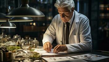 Experienced senior scientist in lab coat making notes while sitting at table. AI Generated. photo