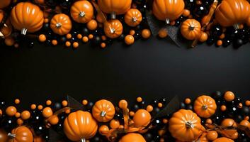 Halloween background with pumpkins on black background. AI Generated. photo